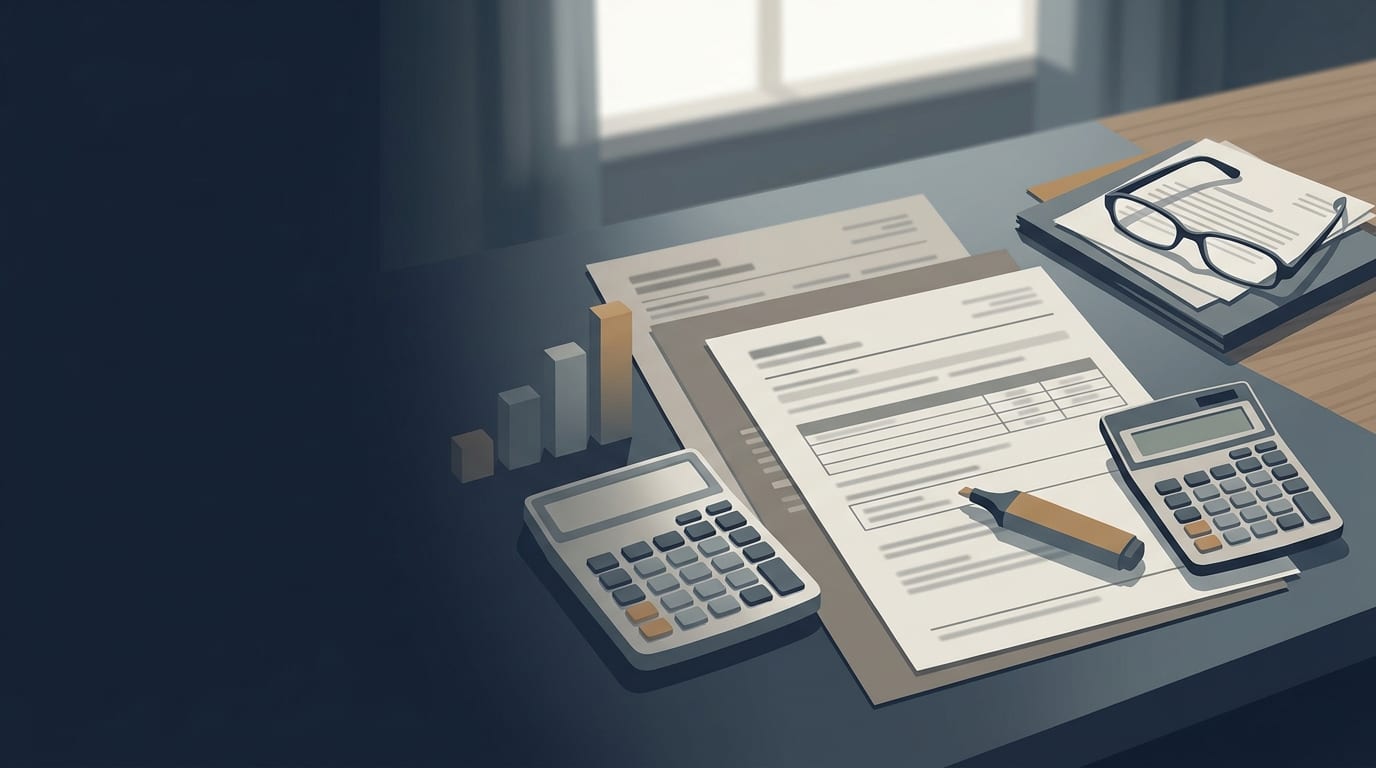 Spokojne biurko do analizy finansowej: dokumenty bez czytelnych liczb, prosty kalkulator, okulary i stonowane akcenty — ilustracja edukacyjna o odpowiedzialnym porównywaniu ofert.